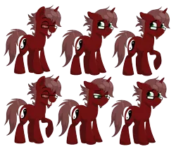 Size: 1604x1356 | Tagged: safe, artist:thegamblehorse, deleted from derpibooru, derpibooru import, oc, oc:sojourner, unofficial characters only, pony, unicorn, brown mane, cutie mark, expressions, eyewear, floppy ears, frown, glasses, goatee, green eyes, looking at you, messy mane, raised hoof, red fur, sad, simple background, smiling, transparent background, yin-yang