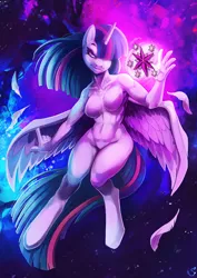 Size: 884x1250 | Tagged: suggestive, artist:chocokangoo, derpibooru import, twilight sparkle, twilight sparkle (alicorn), alicorn, anthro, unguligrade anthro, abstract background, barbie doll anatomy, belly button, breasts, busty twilight sparkle, cutie mark, feather, featureless breasts, female, horn, image, jpeg, nudity, solo, solo female, wings