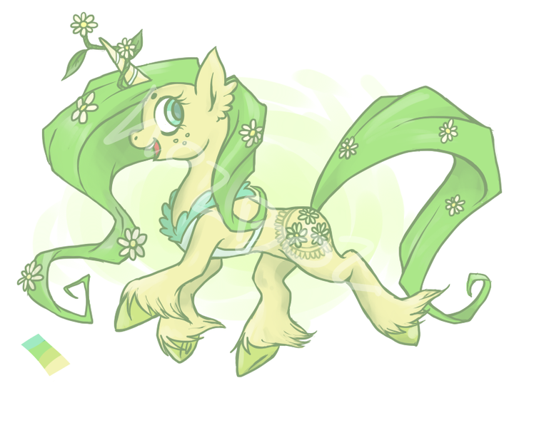 Size: 846x672 | Tagged: safe, artist:hoz-boz, derpibooru import, oc, oc:daisy chain, unofficial characters only, pony, unicorn, adoptable, flower, flower in hair, looking at you, profile, solo, unshorn fetlocks