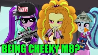 Size: 320x180 | Tagged: safe, artist:moarphexx, derpibooru import, adagio dazzle, aria blaze, sonata dusk, equestria girls, barrett m82, doritos, eye of providence, female, gun, hat, illuminati, marijuana, mlg, optical sight, rifle, sniper rifle, sunglasses, text, weapon