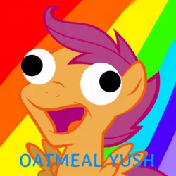Size: 894x894 | Tagged: derp, derped, derpibooru import, edit, oatmeal, rainbow, safe, scootaderp, scootaloo, wat