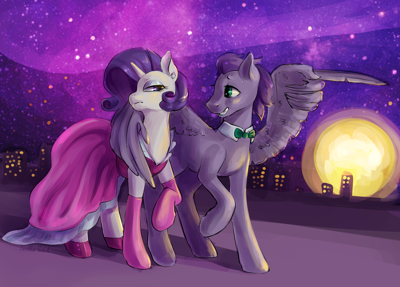 Size: 1024x735 | Tagged: safe, derpibooru import, rarity, oc, oc:kydose, pegasus, pony, unicorn, city, clothes, dress, hug, love, night, pointing, raridose, shipping, walking, wing hands, winghug