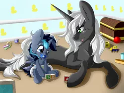 Size: 1024x768 | Tagged: safe, artist:pinktabico, derpibooru import, oc, oc:dusk shadow, oc:grey ghost, unofficial characters only, alicorn, pony, unicorn, alicorn oc, baby, baby pony, commission, diaper, foal