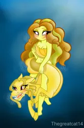 Size: 1024x1547 | Tagged: suggestive, artist:queentigrel, derpibooru import, adagio dazzle, ponified, hippocampus, merpony, pony, siren, equestria girls, barefoot, belly button, blushing, covering, equestria girls ponified, feet, female, image, nudity, png, self ponidox, self sirendox, solo, solo female, underwater