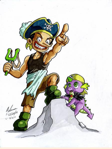 Size: 900x1200 | Tagged: artist:irie-mangastudios, baby dragon, baby spike, crossover, derpibooru import, markers, one piece, pirate, safe, spike, traditional art, usopp, youth