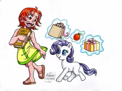 Size: 1200x900 | Tagged: artist:irie-mangastudios, blank flank, book, clothes, crossover, derpibooru import, dress, filly, filly rarity, markers, nami, one piece, rarity, safe, traditional art, youth