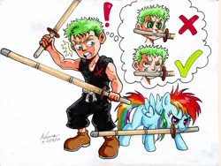 Size: 1200x900 | Tagged: artist:irie-mangastudios, crossover, dashface, derpibooru import, filly rainbow dash, markers, one piece, rainbow dash, roronoa zoro, safe, shinai, thought bubble, traditional art, youth