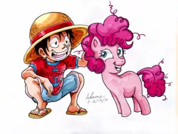 Size: 1200x900 | Tagged: artist:irie-mangastudios, crossover, derpibooru import, filly, filly pinkie pie, markers, monkey d luffy, one piece, pinkie pie, safe, smiling, traditional art, youth