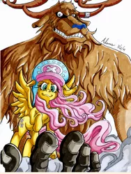 Size: 900x1200 | Tagged: artist:irie-mangastudios, badass, choppershy, crossover, derpibooru import, fluttershy, grin, markers, monster, monster point, one piece, reindeer, safe, shapeshifting, tony tony chopper, traditional art