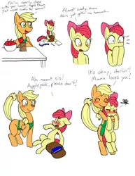 Size: 1148x1485 | Tagged: safe, artist:redanon, derpibooru import, apple bloom, applejack, earth pony, pony, apple, apple bloom is not amused, apron, blushing, clothes, comic, deep mothering, dialogue, embarrassed, eyes closed, feels, female, filly, food, freudian slip, hatless, hug, lunch, mare, missing accessory, mommajack, mother, smiling, tears of joy, unamused