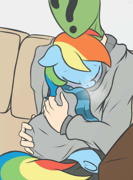 Size: 616x834 | Tagged: safe, artist:mostazathy, derpibooru import, rainbow dash, oc, oc:anon, human, pony, blushing, clothes, cuddling, cute, daaaaaaaaaaaw, dashabetes, eyes closed, floppy ears, holding a pony, hug, human on pony snuggling, inside, love, scarf, sleeping, snuggling, sweater, underhoof, weapons-grade cute