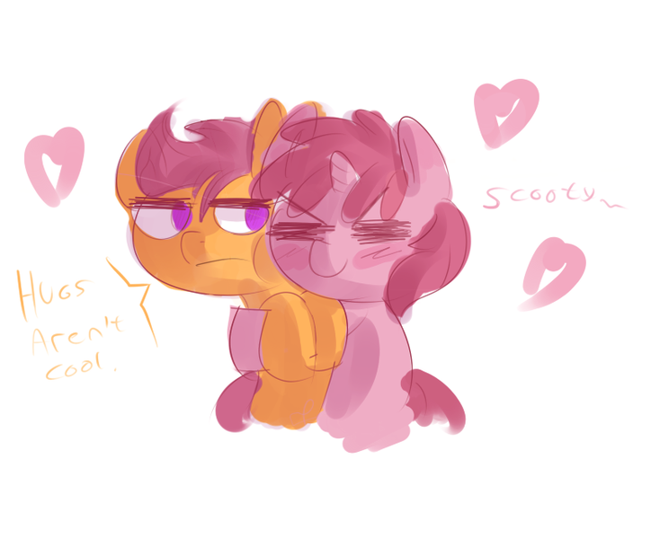 Size: 787x643 | Tagged: artist:haute-claire, ask, ask ruby pinch, heart, hug, ruby pinch, safe, scootaloo, tumblr