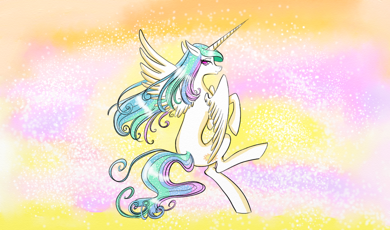 Size: 1299x768 | Tagged: artist:celestine77, derpibooru import, flying, looking back, princess celestia, safe, solo