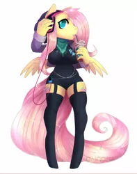 Size: 861x1092 | Tagged: safe, artist:caindra, derpibooru import, fluttershy, anthro, big breasts, breasts, busty fluttershy, drink, female, frappuccino, headphones, looking at you, mp3 player, neckerchief, skintight clothes, solo, starbucks, tongue out