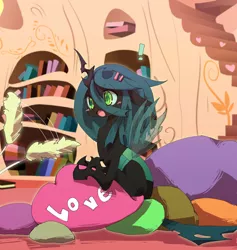 Size: 1000x1055 | Tagged: artist:kolshica, artist:sulyo, behaving like a cat, blushing, cat teaser, derpibooru import, pillow, queen chrysalis, safe, solo