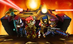 Size: 2000x1200 | Tagged: safe, artist:davidcurser, derpibooru import, apple bloom, babs seed, scootaloo, sweetie belle, cyborg, earth pony, pegasus, pony, unicorn, armor, astropath, baneblade, chainsword, commissar, crossover, cutie mark crusaders, female, filly, foal, goggles, imperial guard, lascannon, mouth hold, psyker, saber, science fiction, sword, tank (vehicle), warhammer (game), warhammer 40k, weapon
