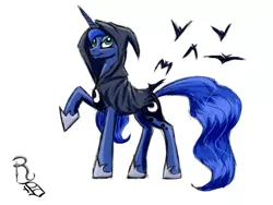 Size: 1024x768 | Tagged: artist:ravenousdrake, bat, bat cloak, cape, clothes, derpibooru import, princess luna, raised hoof, safe, solo