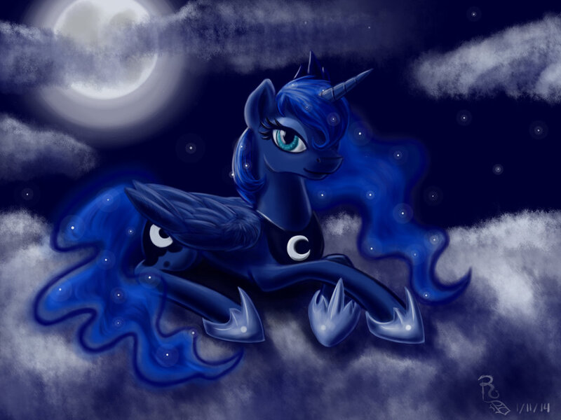 Size: 1024x768 | Tagged: artist:ravenousdrake, cloud, cloudy, derpibooru import, moon, night, princess luna, prone, safe, solo