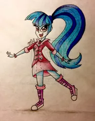 Size: 600x770 | Tagged: dead source, safe, artist:coloredsketches, derpibooru import, sonata dusk, equestria girls, rainbow rocks, boots, clothes, deviantart watermark, jacket, obtrusive watermark, ponytail, shoes, solo, traditional art, watermark