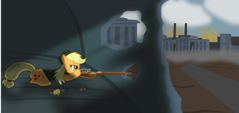 Size: 1280x608 | Tagged: safe, artist:battlefieldbrony, derpibooru import, applejack, earth pony, pony, call of duty, call of duty finest hour, cutie mark, enemy at the gates, female, gun, hooves, lying down, mare, mosin nagant, optical sight, rifle, sniper, sniper rifle, solo, stalingrad, stalliongrad, tanya pavelovna, weapon, world war ii