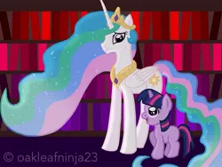 Size: 2048x1536 | Tagged: safe, artist:littleovertures, derpibooru import, princess celestia, twilight sparkle, blank flank, book, filly, library, twily