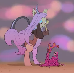 Size: 1023x1020 | Tagged: alien, artist:carnifex, bucktooth, derpibooru import, draconequified, draconequus, duo, female, flutterequus, fluttershy, safe, solo, species swap