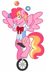 Size: 497x783 | Tagged: artist:unoriginai, ball, bowtie, clothes, cute, derpibooru import, juggling, magical lesbian spawn, oc, oc:sugar crash, offspring, parent:pinkie pie, parent:rainbow dash, parents:pinkiedash, safe, shirt, unicycle, unofficial characters only