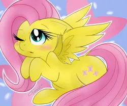 Size: 1200x1000 | Tagged: safe, artist:tamabel, derpibooru import, fluttershy, pegasus, pony, blushing, cute, female, floppy ears, hooves to the chest, looking away, looking up, mare, one eye closed, open mouth, pixiv, shyabetes, solo, spread wings, three quarter view, wings, wink