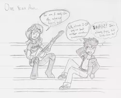 Size: 1510x1225 | Tagged: safe, artist:wryte, derpibooru import, flash sentry, sunset shimmer, equestria girls, bass guitar, censored vulgarity, dialogue, flashback, grawlixes, grayscale, guitar, monochrome, musical instrument, queen (band), traditional art