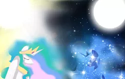 Size: 7500x4740 | Tagged: absurd resolution, artist:lorianelice, derpibooru import, eyes closed, moon, princess celestia, princess luna, safe, stars, sun, wallpaper