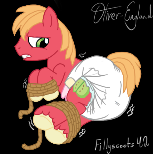 Size: 490x492 | Tagged: questionable, artist:fillyscoots42, artist:oliver-england, derpibooru import, big macintosh, earth pony, pony, bondage, colored, diaper, diaper bondage, diaper fetish, imminent full diaper, imminent rape, imminent sex, male, poofy diaper, rope, stallion, story included