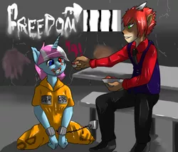 Size: 1400x1200 | Tagged: anthro, artist:virate-chip, bondage, cafeteria, clothes, derpibooru import, force feeding, oc, oc:gemstone hammerhoof, prison, prison outfit, project: csp, semi-grimdark, unofficial characters only