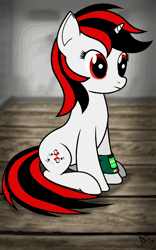 Size: 1000x1600 | Tagged: safe, artist:koshakevich, derpibooru import, oc, oc:blackjack, unofficial characters only, pony, unicorn, fallout equestria, fallout equestria: project horizons, fanfic, animated, blinking, cutie mark, fanfic art, female, gif, hooves, horn, mare, pipbuck, sitting, smiling, solo, vector