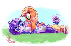 Size: 1280x823 | Tagged: safe, artist:whitediamonds, derpibooru import, applejack, rarity, sweetie belle, american football, boop, cute, dirty, female, grin, hoofball, indianapolis colts, lesbian, nfl, oh come on, open mouth, rarijack, rarijack daily, shipping, smiling, sweat, sweatband