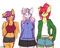 Size: 2500x2000 | Tagged: safe, artist:silverfox057, derpibooru import, apple bloom, scootaloo, sweetie belle, anthro, earth pony, pegasus, unicorn, ask nerdy scootaloo, ask, belly button, blushing, bow, breasts, clothes, colored sketch, cute, cutie mark crusaders, hair bow, looking at you, midriff, necklace, older, shirt, shorts, simple background, sketch, skirt, sweater, tumblr, white background