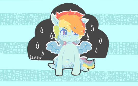 Size: 540x338 | Tagged: dead source, safe, artist:art-by-flier, derpibooru import, rainbow dash, pegasus, pony, cloud, cute, female, hair over one eye, mare, raincloud, sad, signature, sitting, solo, wingding eyes