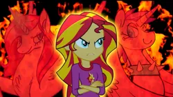 Size: 1017x575 | Tagged: safe, artist:klystron2010, derpibooru import, sunset shimmer, oc, oc:glitter punch, equestria girls, rainbow rocks, barry allen repeatedly crashes into a sparkling toilet, explicit source, just one bite, pinkiepony, princess glitter punch, youtube poop