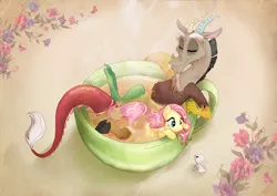 Size: 1365x965 | Tagged: safe, artist:c-puff, derpibooru import, angel bunny, discord, fluttershy, draconequus, pegasus, pony, rabbit, angel is not amused, animal, bathing, cup, cup of pony, cute, discoshy, discute, drink, eyes closed, female, flower, male, mare, relaxed, shipping, shyabetes, smiling, straight, sweet dreams fuel, tea, unamused, wet