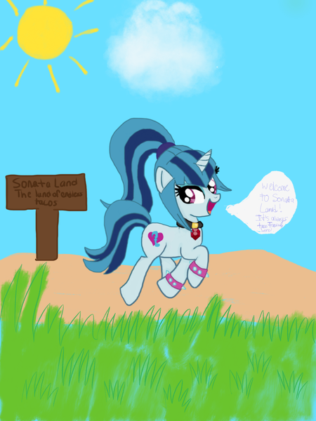 Size: 1536x2048 | Tagged: safe, artist:robocheatsy, derpibooru import, sonata dusk, ponified, pony, dialogue, equestria girls ponified, grass, lego, reference, sign, solo, sonataco, sun, the lego movie