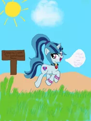 Size: 1536x2048 | Tagged: safe, artist:robocheatsy, derpibooru import, sonata dusk, ponified, pony, dialogue, equestria girls ponified, grass, lego, reference, sign, solo, sonataco, sun, the lego movie