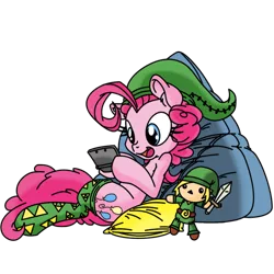 Size: 2000x2000 | Tagged: 3ds, alternate version, artist:dfectivedvice, artist:pananovich, clothes, derpibooru import, link, pinkie pie, playing, plushie, safe, simple background, solo, stockings, the legend of zelda, transparent background