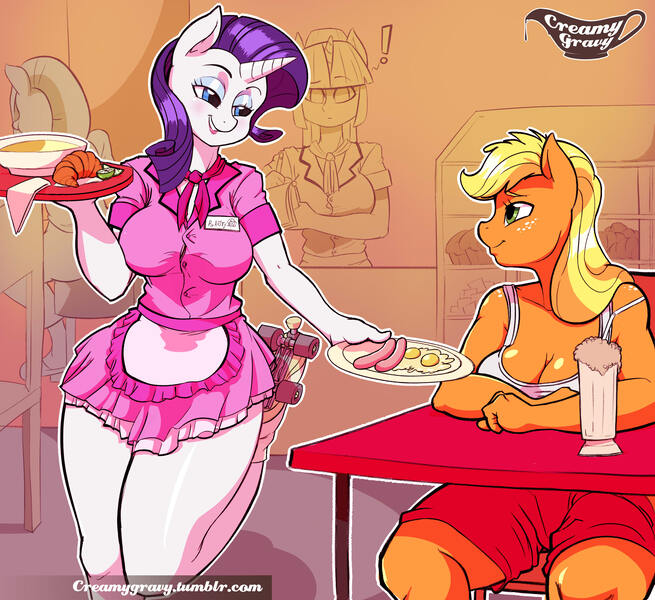 Size: 2500x2289 | Tagged: safe, artist:creamygravy, derpibooru import, applejack, fluttershy, rarity, twilight sparkle, anthro, plantigrade anthro, bedroom eyes, big breasts, breakfast, breasts, busty applejack, busty rarity, carhop, cleavage, clothes, croissant, diner, egg (food), exclamation point, female, food, grin, lesbian, milkshake, miniskirt, raised leg, rarijack, roller skates, sausage, shipping, shorts, skirt, smiling, tanktop, waitress