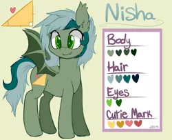 Size: 1543x1250 | Tagged: safe, artist:higgly-chan, derpibooru import, oc, oc:nisha, unofficial characters only, bat pony, pony, fangs, heart, reference sheet, smiling, solo