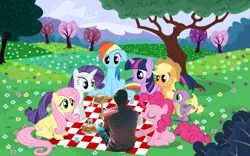 Size: 3840x2400 | Tagged: safe, derpibooru import, applejack, fluttershy, pinkie pie, rainbow dash, rarity, spike, twilight sparkle, food, mane six, outdoors, picnic, roni conti