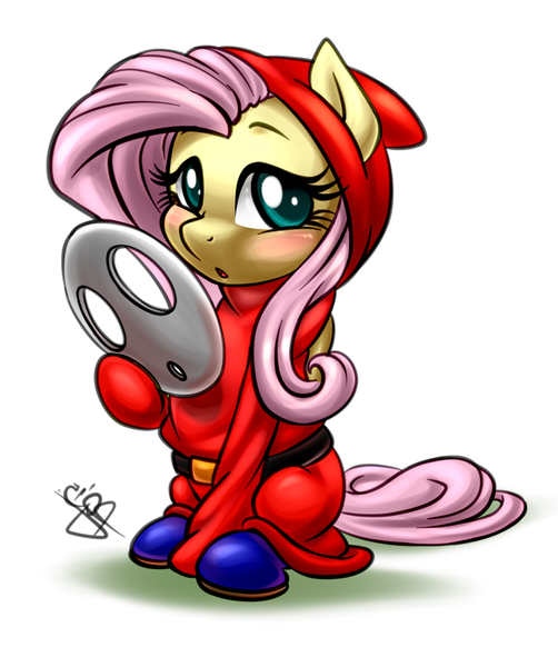 Size: 700x837 | Tagged: safe, artist:pia-sama, derpibooru import, fluttershy, pegasus, pony, shy guy, :o, blushing, clothes, cosplay, crossover, cute, female, fluttershy guy, looking at you, mask, nintendo, shy, shyabetes, simple background, sitting, solo, super mario bros., white background