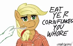 Size: 1280x800 | Tagged: anthro, applejack, artist:anearbyanimal, corn flakes, plaid, safe, vulgar, wat