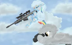 Size: 1280x800 | Tagged: safe, artist:anearbyanimal, derpibooru import, derpy hooves, rainbow dash, pegasus, pony, barrett, barrett m82, binoculars, cloud, cutie mark, female, floppy ears, ghillie suit, gun, hooves, lying down, lying on a cloud, mare, on a cloud, optical sight, rifle, sitting, sitting on cloud, sniper, sniper rifle, weapon