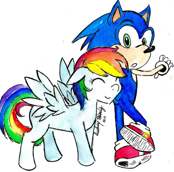 Size: 1644x1624 | Tagged: artist:akemi-akatsuki, artist:chibi-jen-hen, crossover, crossover shipping, derpibooru import, female, male, rainbow dash, safe, shipping, sonicdash, sonic the hedgehog, sonic the hedgehog (series), straight, traditional art, watercolor painting