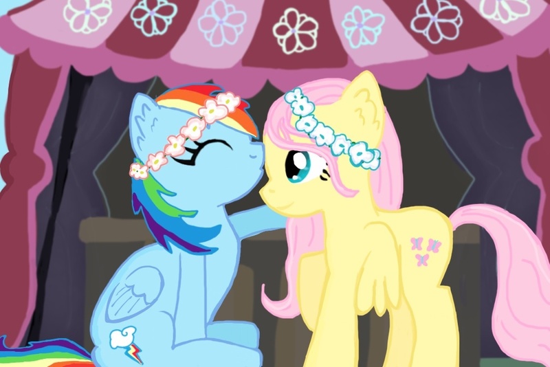 Size: 1008x673 | Tagged: safe, artist:cobralash, derpibooru import, fluttershy, rainbow dash, female, floral head wreath, flower, flutterdash, kissing, lesbian, shipping