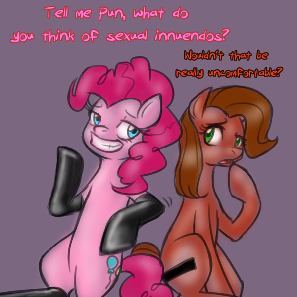 Size: 750x750 | Tagged: suggestive, artist:jitterbugjive, derpibooru import, pinkie pie, oc, oc:pun, ask pun, canon x oc, clothes, female, innuendo, kinkie pie, latex, latex socks, lesbian, pink text, socks, tumblr, tumblr comic